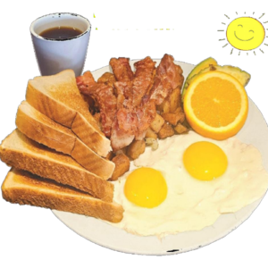 2 OEUFS, UNE VIANDE, PATATES, FRUIT, TOAST ET CAFÉ