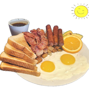 2 OEUFS, 2 VIANDES, PATATES, FRUIT, TOAST ET CAFÉ